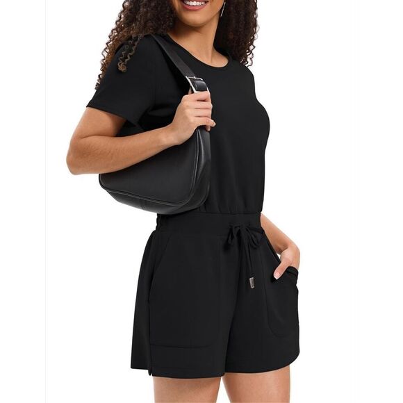 NEW Black Romper Loose Crewneck Short Pockets S - Picture 3 of 7